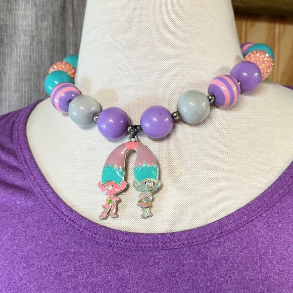 Trolls Pendant Chunky Beaded Necklace Multicolor Pastels Adjustable Women Girls - Picture 5 of 16